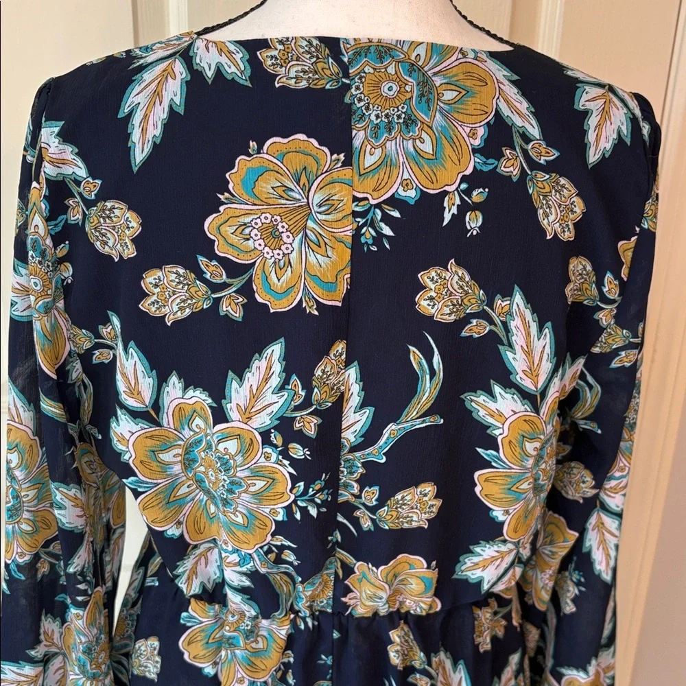 J.Crew Bold Floral Tiered Long Sleeve Flounce Midi Dress Size 8 Navy Blue